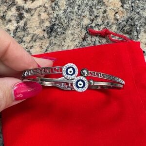 Evil Eye Greek key silver plated bangle Bracelet easy hinge opening NEW